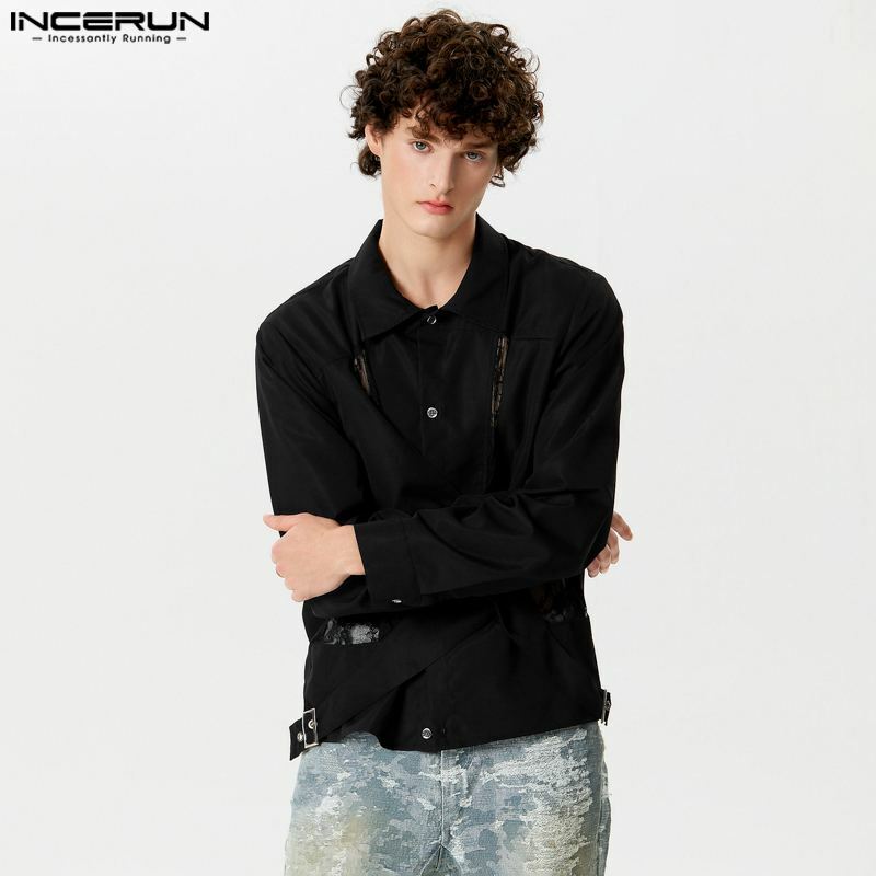 INCERUN-Tops de moda para hombre, camisas de diseño cruzado de encaje de retazos huecos, blusa informal de manga larga, S-5XL, 2024