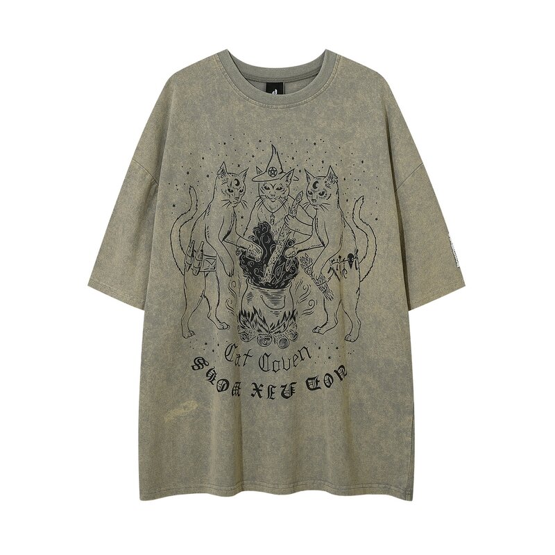 대형 고딕 고양이 빈티지 그런지 Y2k 애니메이션 티셔츠 남성 레트로 티셔츠, 하라주쿠 스트리트웨어 힙합 여름 코튼 탑스 티셔츠