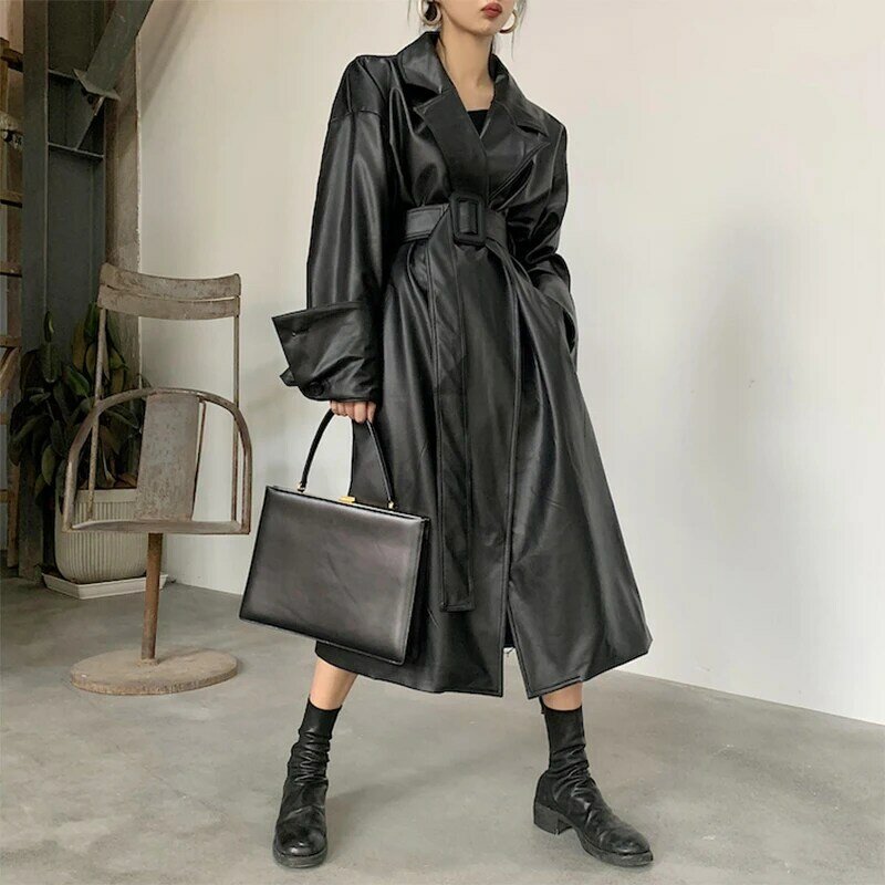 2024 długi, w stylu oversized skórzana płaszcz trencz dla kobiet z długim rękawem do klapy luźny krój jesienną stylową czarną odzież damską streetwear