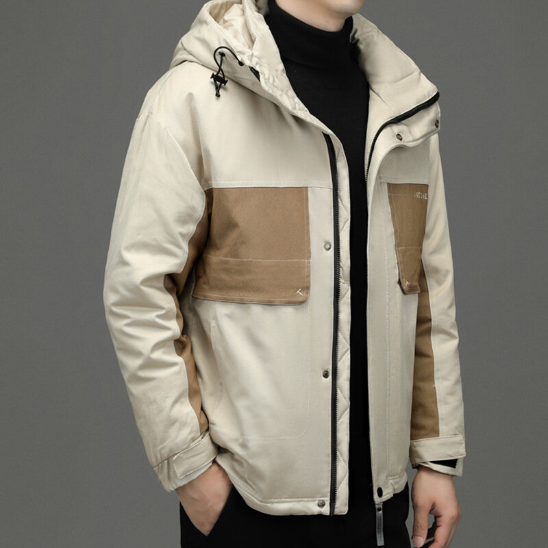 남성용 트렌디 후드 다운 재킷, 화이트 덕 다운, 두껍고 따뜻한 루즈 아웃웨어, 단색 캐주얼 다목적 파카, 겨울 신상