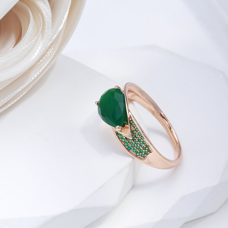 SYOUJYO Water Drop anelli di opale verde scuro per le donne 585 anelli di lusso di lusso in oro rosa con zirconi naturali pieni di pavé
