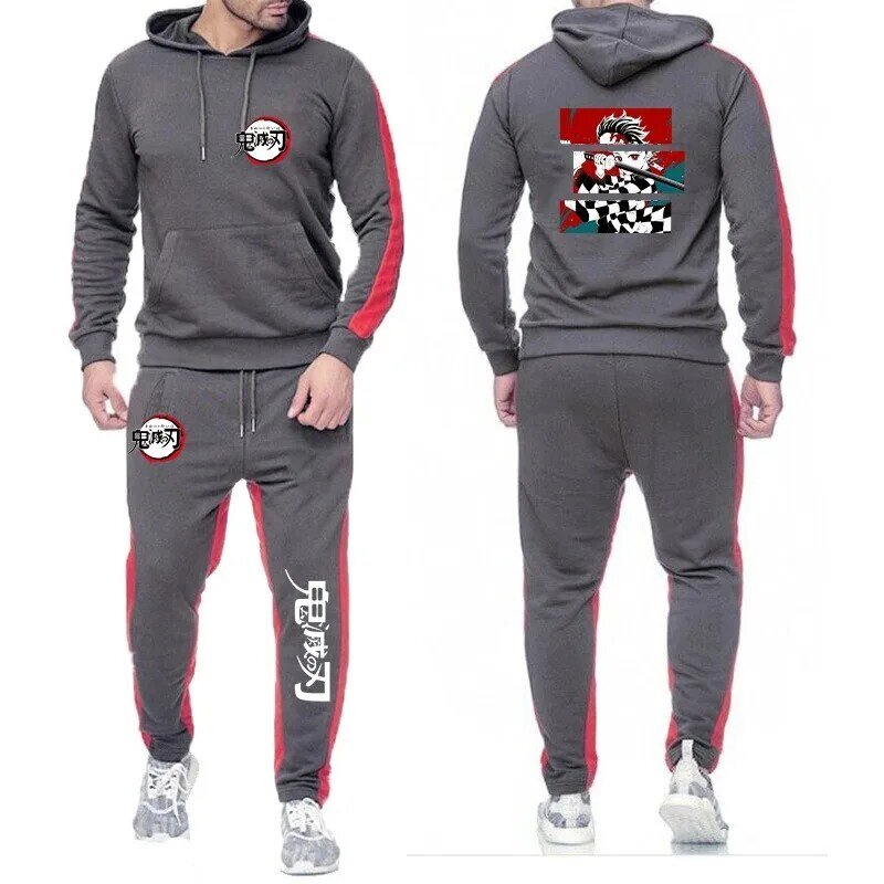 Demon Slayer Men's New Hooded Hoodie + Pants Kamado Tanjirou Graphic Casual Print Sweatpant Leisure Sportwear Solid Color Suits