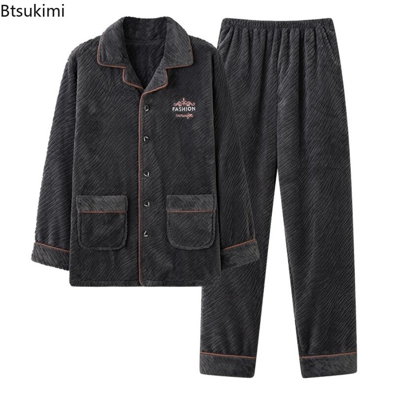 New 2024 Men's Winter Thickened Flannel Pajama Sets Man Coral Fleece Buttons Cardigan+Pants Sleepwear Suit Warm Homewear for Men