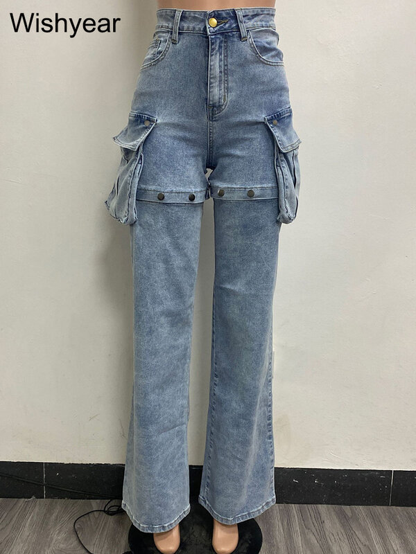 Damska projektantka mody guziki dżinsy z kieszeniami 3D z wysokim stanem proste spodnie na co dzień odpinana jako spodenki jeansowe spodnie Cargo
