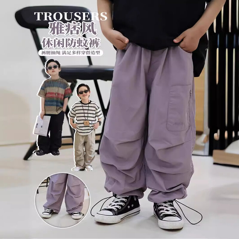 Pantalon cargo décontracté pour enfants, vêtements pour enfants, pantalon pleine longueur, mince, poche zippée, pantalon large, style coréen, été, 2024