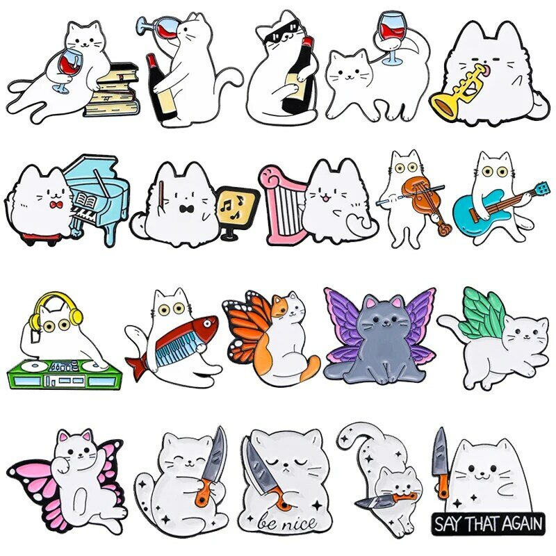 Cartoon Red Wine Cat Enamel Brooch Cute Cat Musician Colorful Wings White Kitten Metal Badge Punk Animals Lapel Pins Jewelry