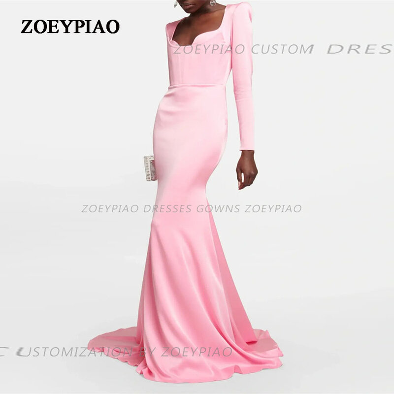 Simple Pink Mermaid Evening Dress Gown Satin Long Sleeves Custom Sweetheart  Floor Length Women Draped Formal Event Dress Gowns