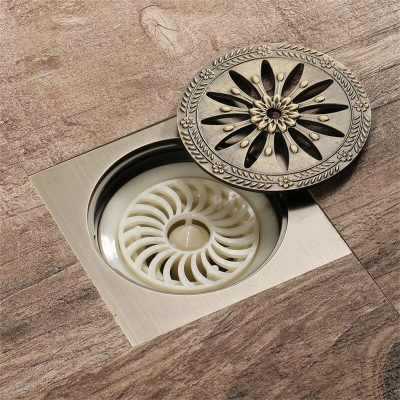 HOT-Bathroom Floor Drain Square Shower Sink Drain Strainer With Removable Cover Carved Antique