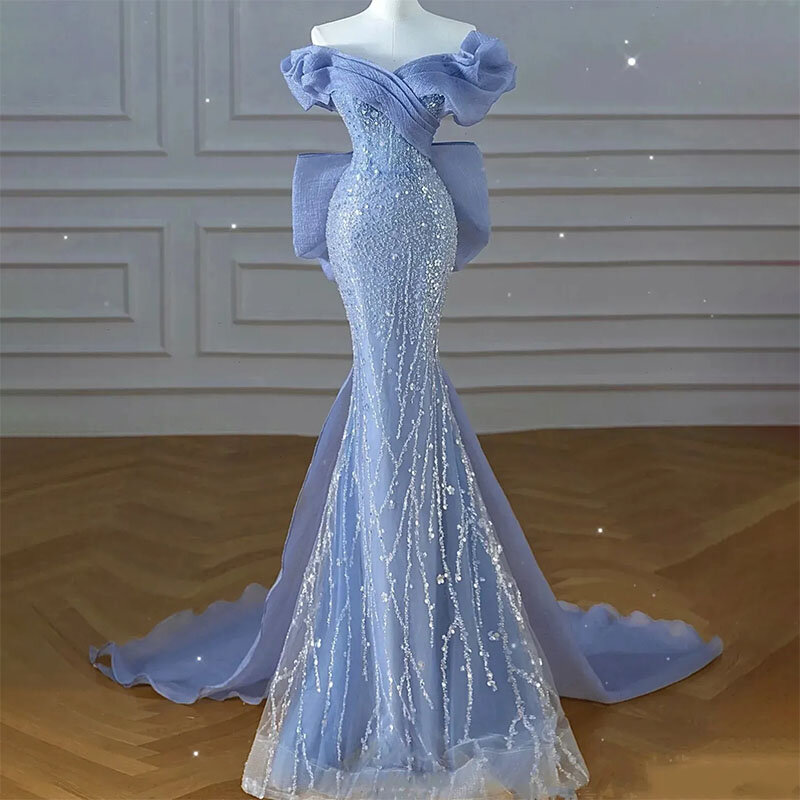 Vestido de baile de lantejoulas azul céu feminino, miçangas sem ombro, costas laço, vestidos de festa sereia, moda, 2024