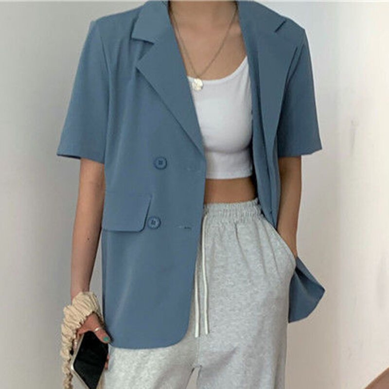 Female Tops Blazers Button Closure Lapel Loose Short Sleeve Single Breasted Turndown Collar Casual Daily Leisure