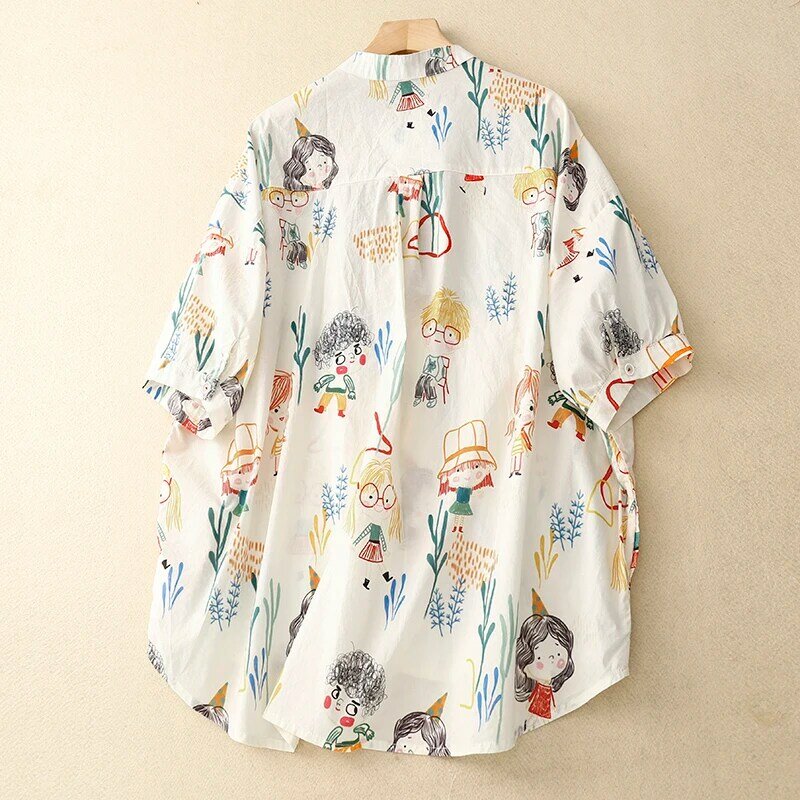 Camisa de manga corta con estampado japonés para mujer, blusa holgada fina de algodón con cuello levantado, Tops para mujer 2023