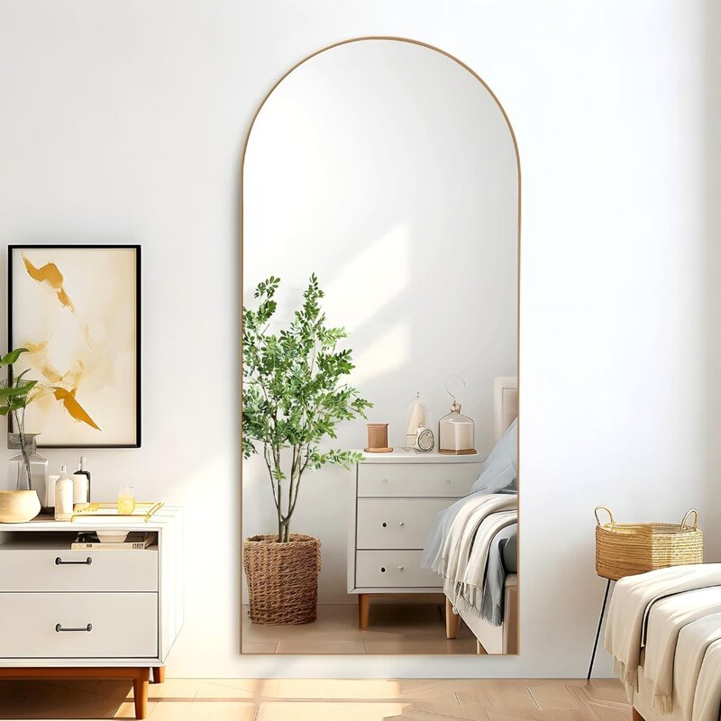 Cermin panjang penuh melengkung 71 "x32", cermin bingkai tipis kayu, cermin menggantung atau bersandar di dinding, pengiriman gratis Led