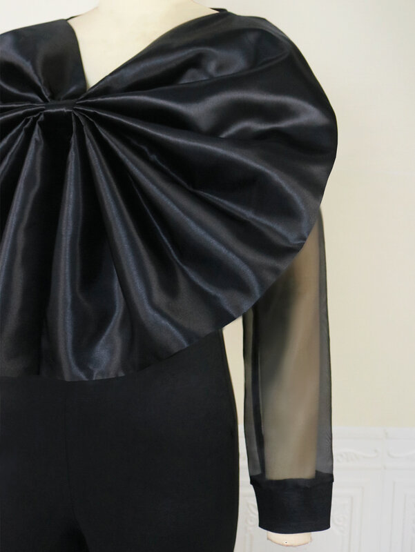 Zwarte Plus Size Jumpsuits Voor Vrouwen Avondfeest Bowtie Lange Tule Mouw Imperium Rechte Broek Eendelig Outfits 4xl Rompertjes