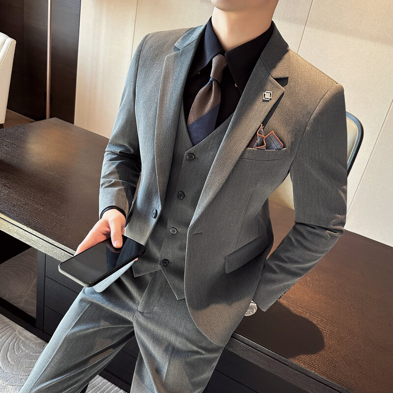 (Пиджак + жилет + брюки) мужские блейзеры, костюмы на свадьбу, элегантный деловой роскошный полный пиджак и брюки, новейший дизайн, облегающий жилет