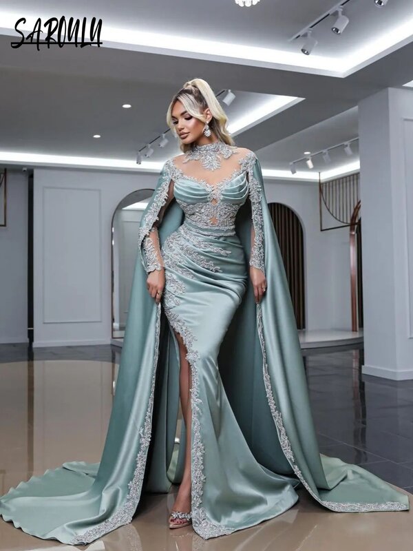 Haute Couture suknia wieczorowa na szyję aplikacje na imprezę frezowanie suknie balowe elegancka suknia syrenka z długim rękawem Vestido De Gala