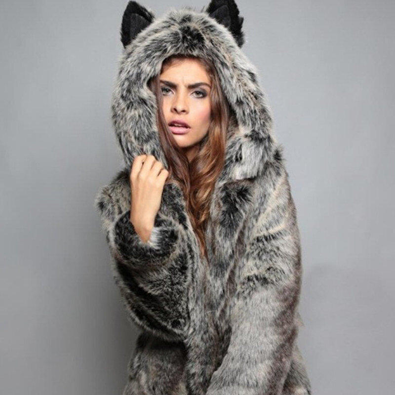 Autumn Winter Faux Fur Coats Womens Casual Hooded Fur Jacket Ladies Mid-Length Fur Parkas Soft Raccoon Fur Coat Women's Outwear