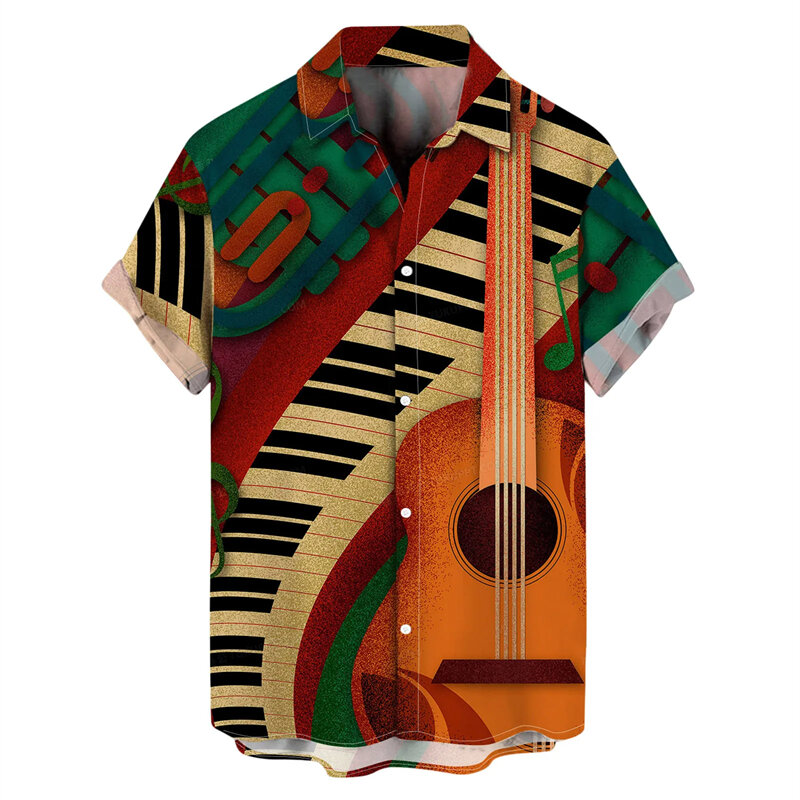 Hawaiian Music Note Pattern Camisas masculinas, Harajuku blusas, mangas curtas, estampa da moda, tops de praia, camisetas, verão