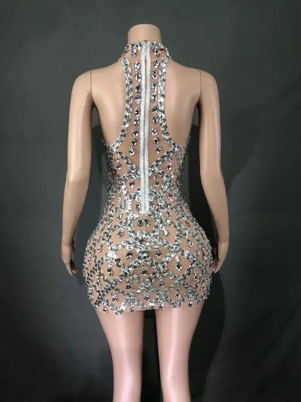 Блестящее Серебряное платье с кристаллами, короткое летнее платье, сексуальное прозрачное женское вечернее платье без рукавов на день рождения, одежда для шоу певицы