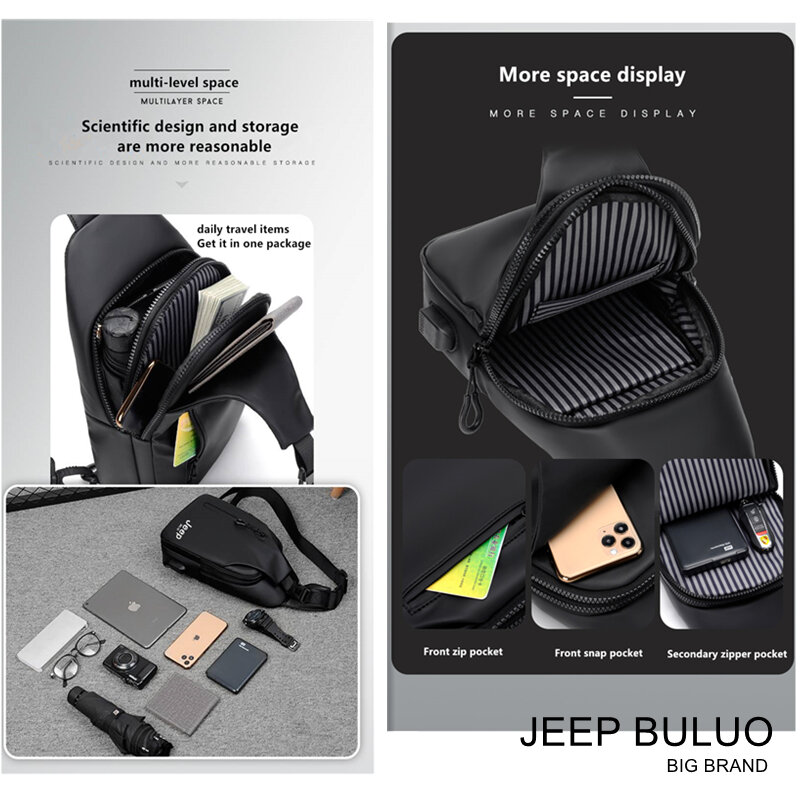 JEEP BULUO New Men's Chest Bags Casual Sling Bags Trip Travel Carry Corssbody Bags Men's Waterproof Shoulder Crossbody Bag Nylon
