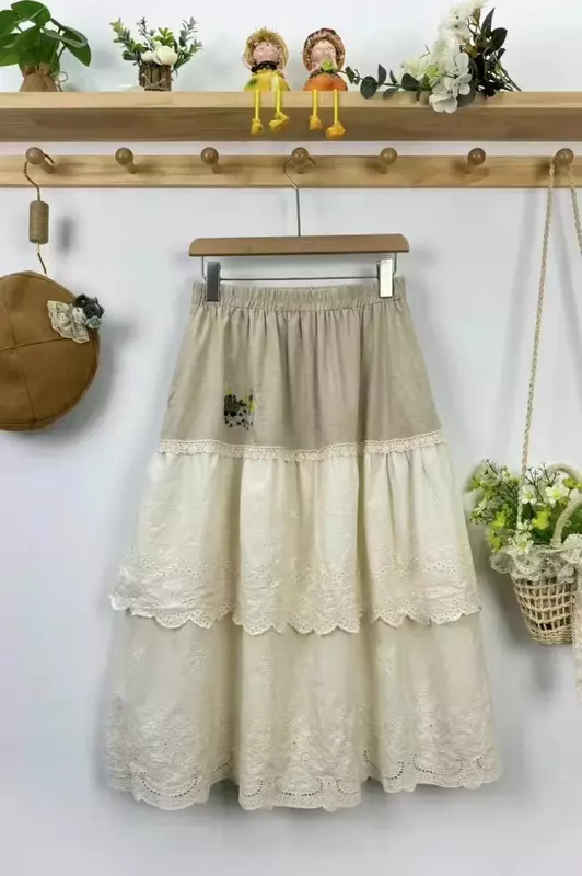 Falda de lino y algodón con bordado de encaje para mujer, falda holgada informal con cintura elástica, estilo Mori Girl, primavera y verano