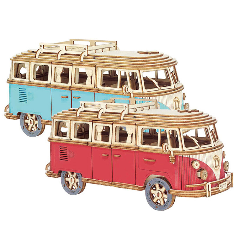 Modelo de coche de ensamblaje Manual DIY, autobús Retro de madera, rompecabezas 3D, furgoneta Camper, juguetes educativos para niños, regalo, decoración de la habitación del hogar