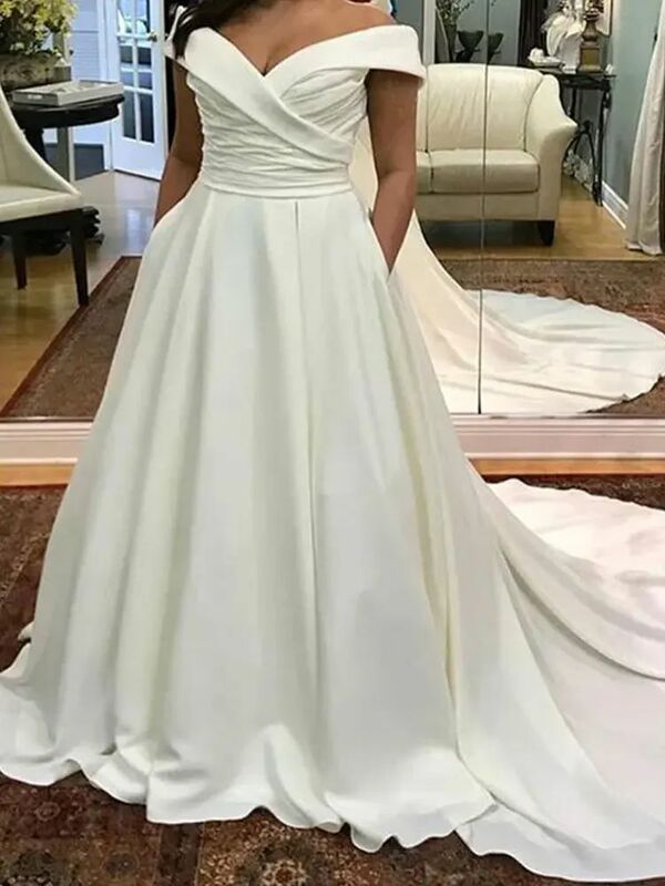 White A-line Satin Wedding Dresses for Women Sweetheart Collar Off Shoulder Marriage Occasion Formal Dress Open Back Bride Gown