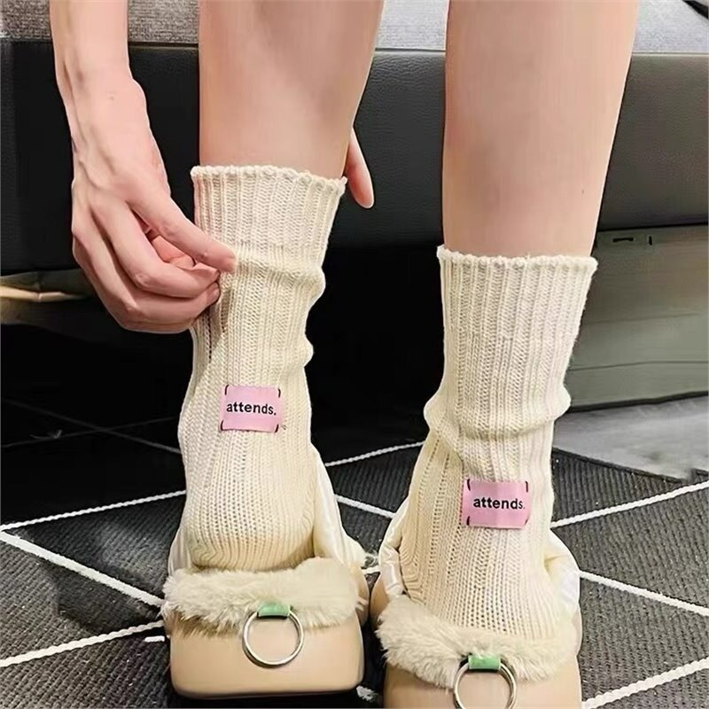 Solid Color Thick Thread Knitted Socks Japanese Style Simple Pink Label Men Women Couples Sports Stacked Socks Casual Piles Sock