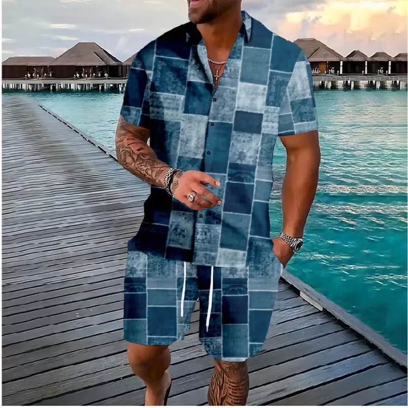 Camiseta hawaiana con botones Punk para hombre, chándales cortos, conjuntos de trajes de Color, ropa de calle Hipster, ropa informal de playa