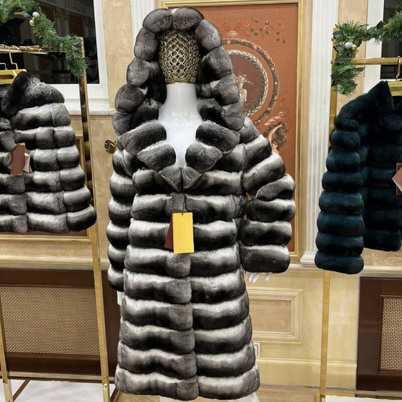 Abrigo de piel Real con capucha para mujer, Chaqueta larga de invierno, abrigo grande con capucha de piel de conejo Rex, chaqueta con capucha de piel Real