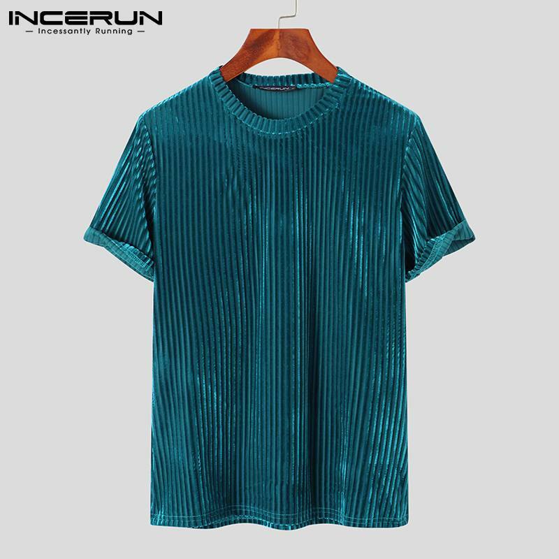 Men Casual T Shirt Velour Round Neck Short Sleeve Solid Color Streetwear Men Clothing 2023 Pleated Fashion Camisetas 3XL INCERUN