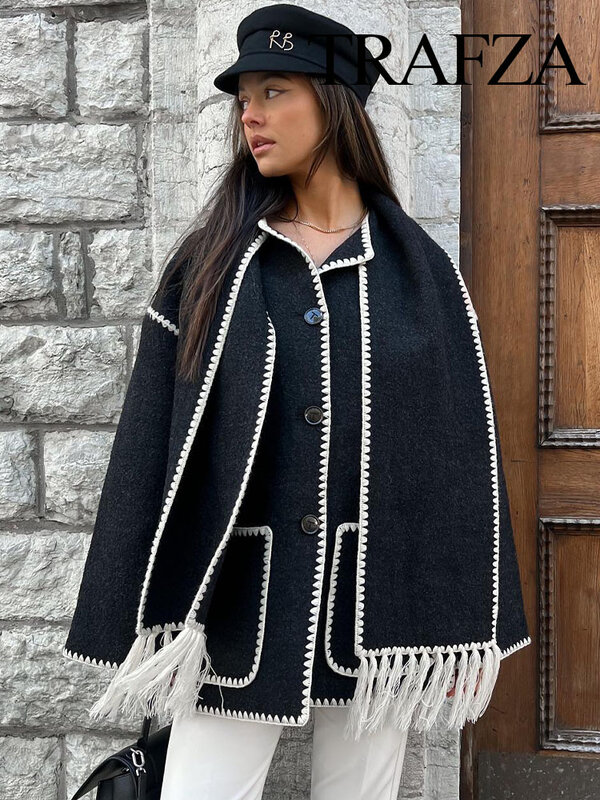 TRAFZA 여성용 블랙 크로셰 스카프 코트, O넥 긴팔 단추, 스트레이트 캐주얼, 빈티지, 아늑한 코트, 2023 가을 패션