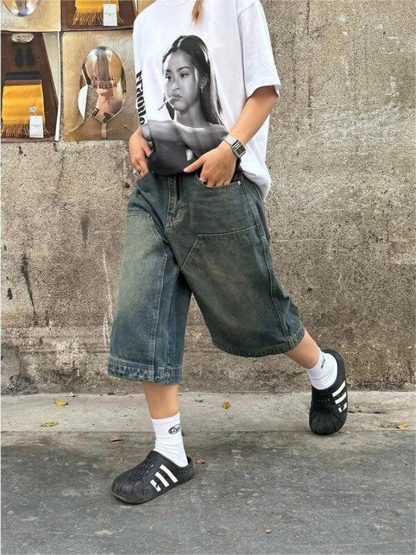 HOUZHOU-pantalones vaqueros cortos holgados para mujer, ropa de calle de estilo japonés, Harajuku de gran tamaño, moda coreana, Y2k
