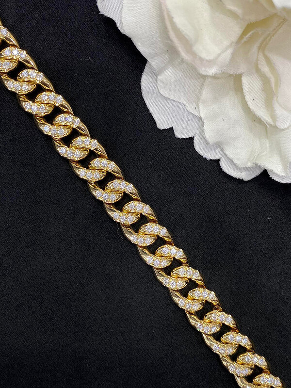 LUOWEND-18K Pulseira de corrente cubana dourada para mulheres, estilo metal luxuoso, diamante natural real, pulseira para banquete sênior, 100%, 12mm