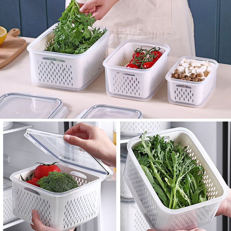Refrigerator Storage Box Food Vegetable Fruit Storage Box Plastic Drain Basket Fridge Storage Containers Kitchen Organizer Acces