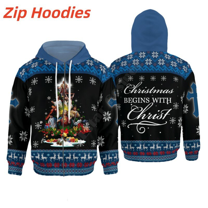 Fashionable Christmas Series Zipper Pullover Casual Street Hip Hop Element Sweatshirt Long Sleeve Pullover