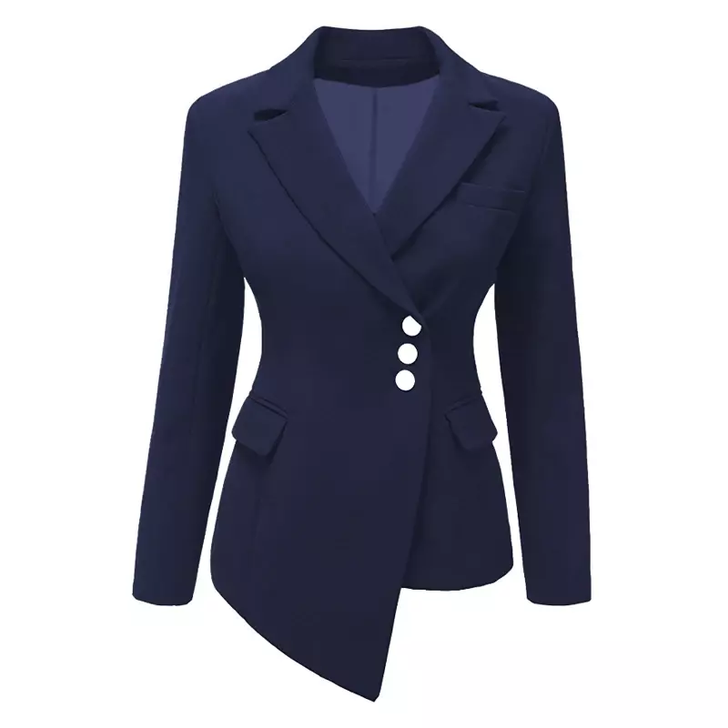 Fall 2023 Women's Lapel Coat Coat Solid Color Long-sleeved Single-breasted Office Ladies Pocket Cotton Asymmetric Casual Blazer