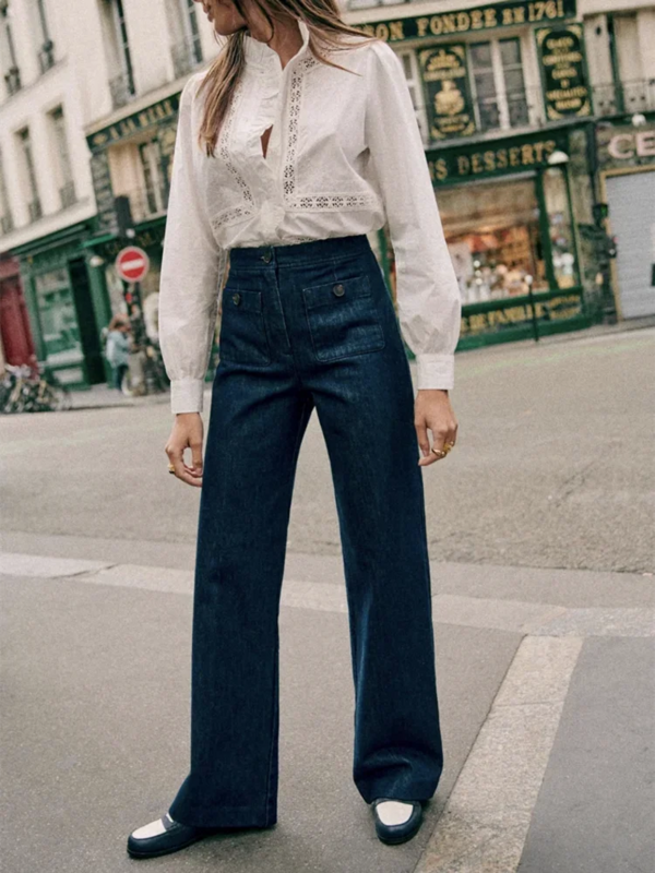 Calças jeans monocromáticas femininas, com zíper reto, bolsos de cintura alta, jeans casual de perna larga, novo, 2024