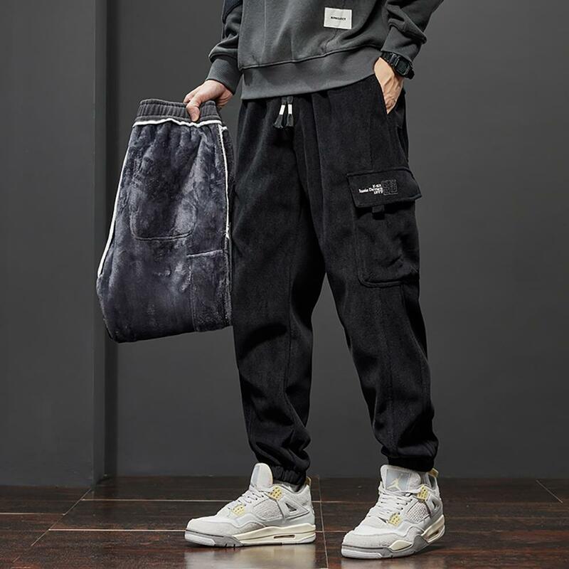 Зимние мужские флисовые брюки для бега, теплые плотные вельветовые брюки-карго, модные корейские повседневные спортивные шаровары, черная уличная одежда