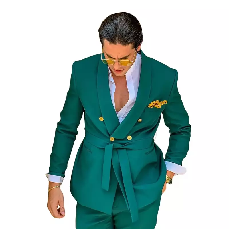 Setelan pakaian pernikahan pria, hijau, dengan sabuk dada ganda, kostum pakaian perjalanan pengantin pria Formal, kostum Homme (jaket + celana)