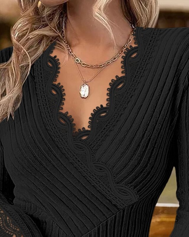 Woman Fashion V-Neck Lace Patch Long Sleeve Top Temperament Commuting Women's Casual Clothes New Female Skinny Knitted Pullovers
