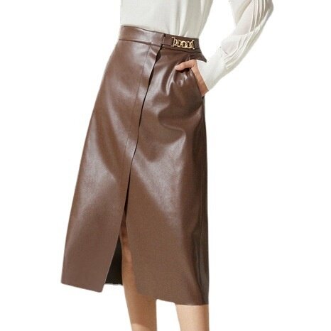 Genuine Leather Skirt  Autumn/Winter New Fashion Commuter Style Asymmetric High Waist A-line Slim Sheepskin Skirt