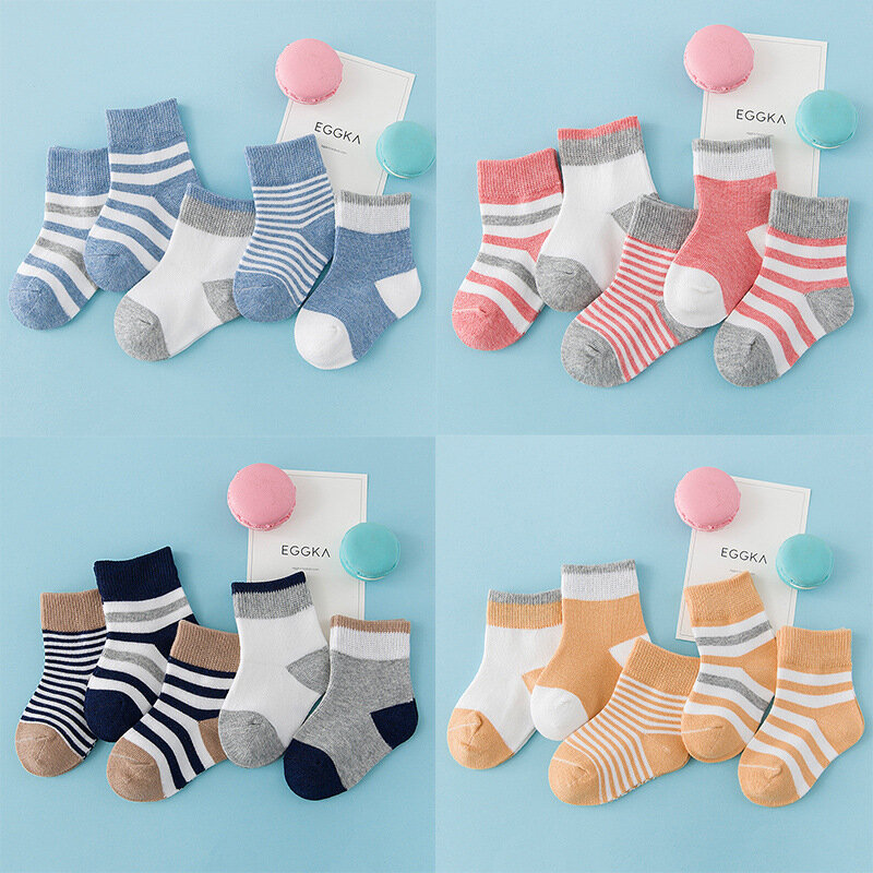 Calcetines de algodón con dibujos animados para niño y niña, medias a rayas de Color sólido, 5 pares por lote, Otoño e Invierno