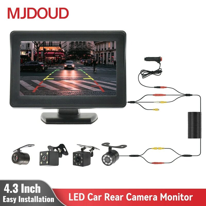 MJDOUD-Monitor da câmera traseira do carro, LED invertendo câmera, TFT LCD, fácil instalação, estacionamento do veículo, 4,3"