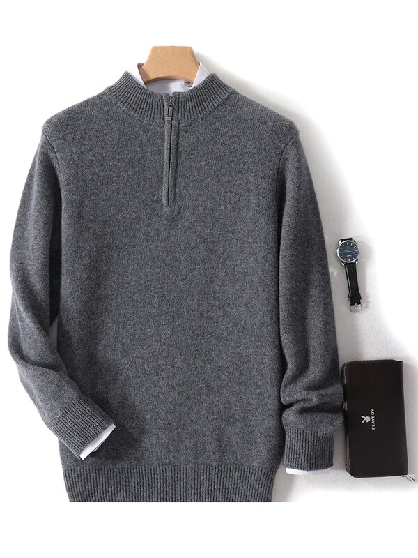 ADDONEE Men's Mock Neck Zipper Pullover Sweater Long Sleeve Smart Casual Jumper 100% Merino Wool Knitwear Thick Spring Autumn