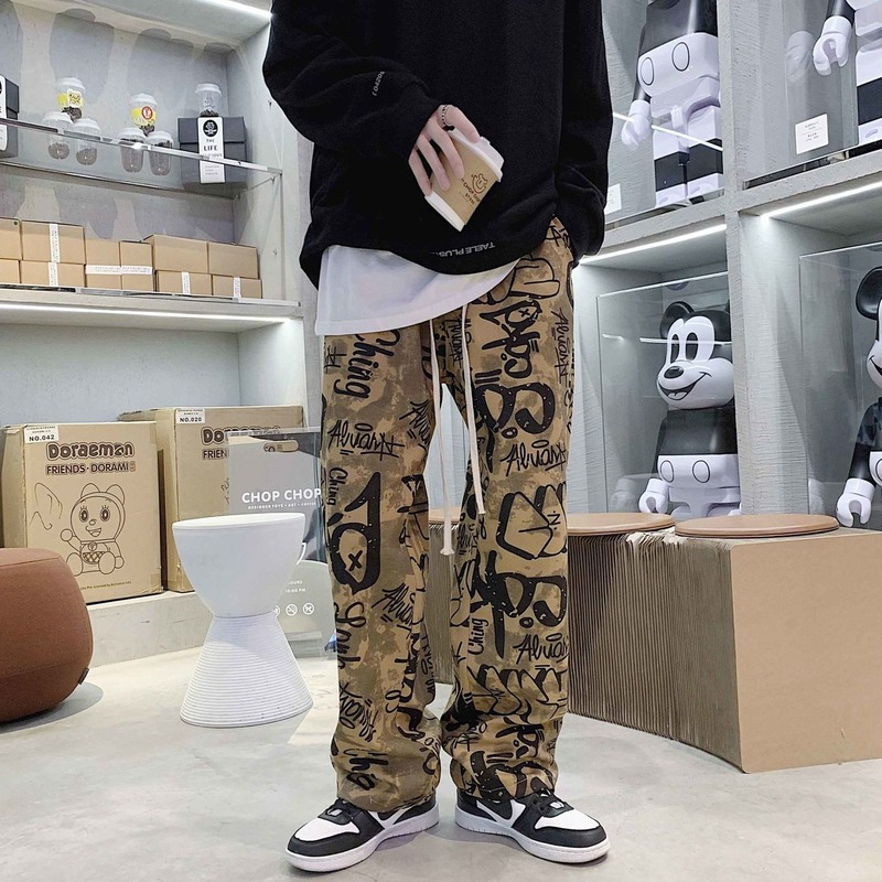 Ruffian handsome print casual pants men High-quality fried street pants men trendy brand ins version of the trend loose straight