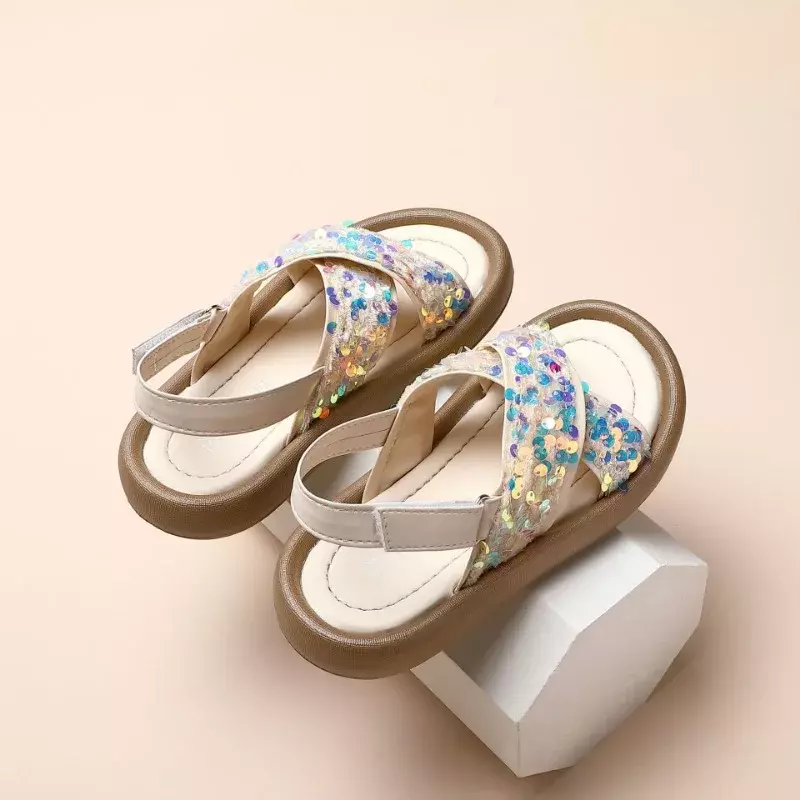 Sandali per ragazze paillettes estive bambini principessa scarpe da spiaggia causali moda fondo morbido sandali Open-toe con suola morbida Hook Loop