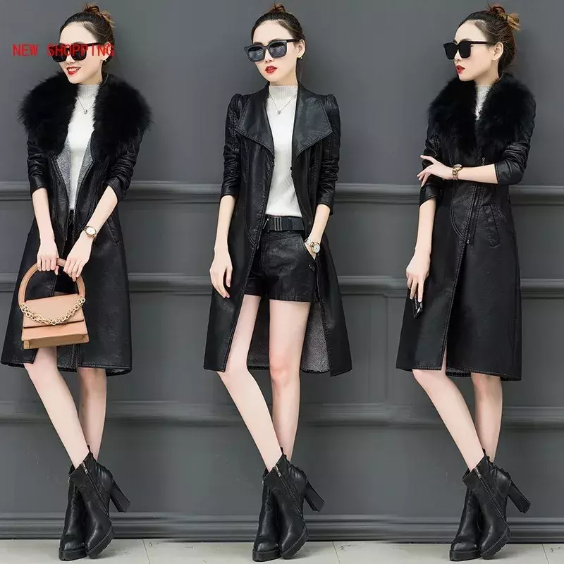 Abrigo largo de piel sintética para mujer, chaqueta de terciopelo cálido con cinturón, informal, talla grande 5XL, cuello negro, Invierno