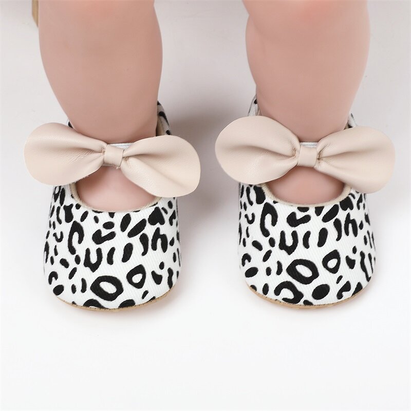 Fashion Baby Girls Mary Jane Flats Non-Slip Bowknot Princess Dress Shoes Leopard Crib Shoes for Infants
