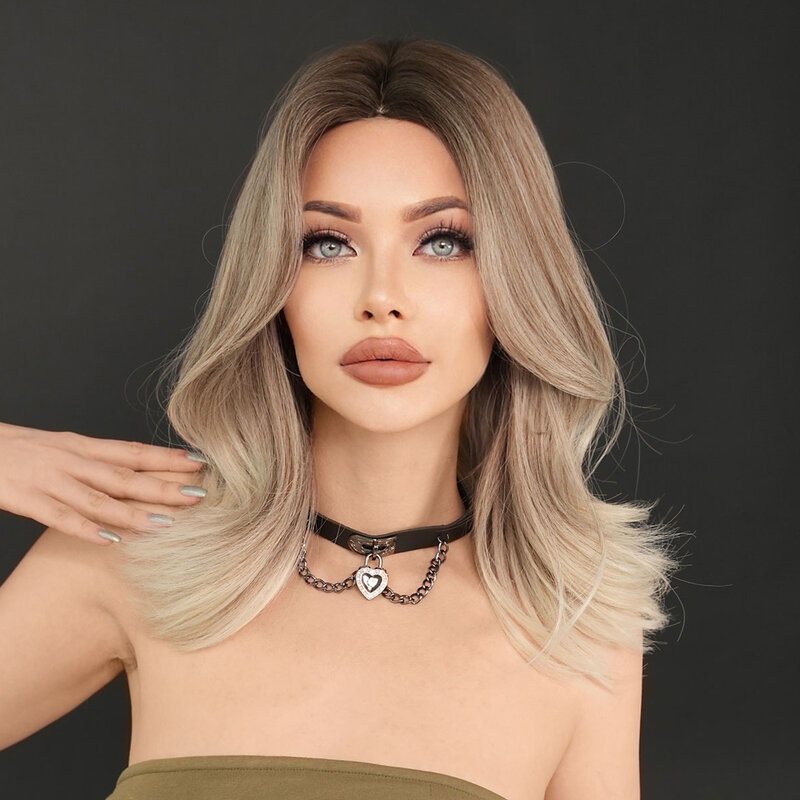 7JHH WIGS Synthetic Middle Part Blonde Wigs with Dark Roots High Density Shoulder Length Hair Wig for Women High Quality Fiber