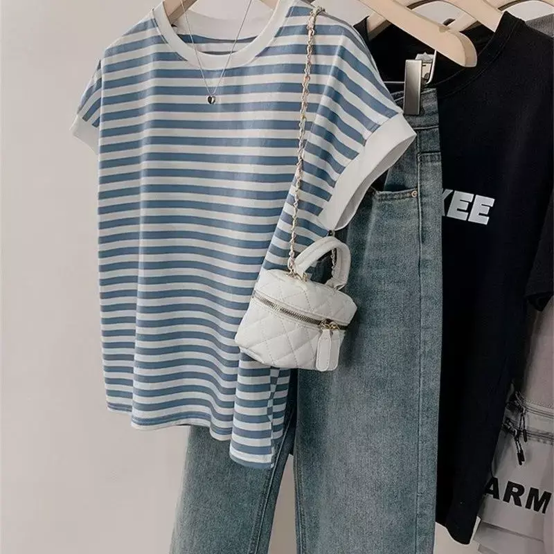 تي شيرت بلا أكمام مخطط أزرق للنساء ، قميص من القطن الخالص ، قميص فضفاض بأكمام قصيرة ، تصميم مناسب للمجال ، الصيف ، تصميم جديد ،